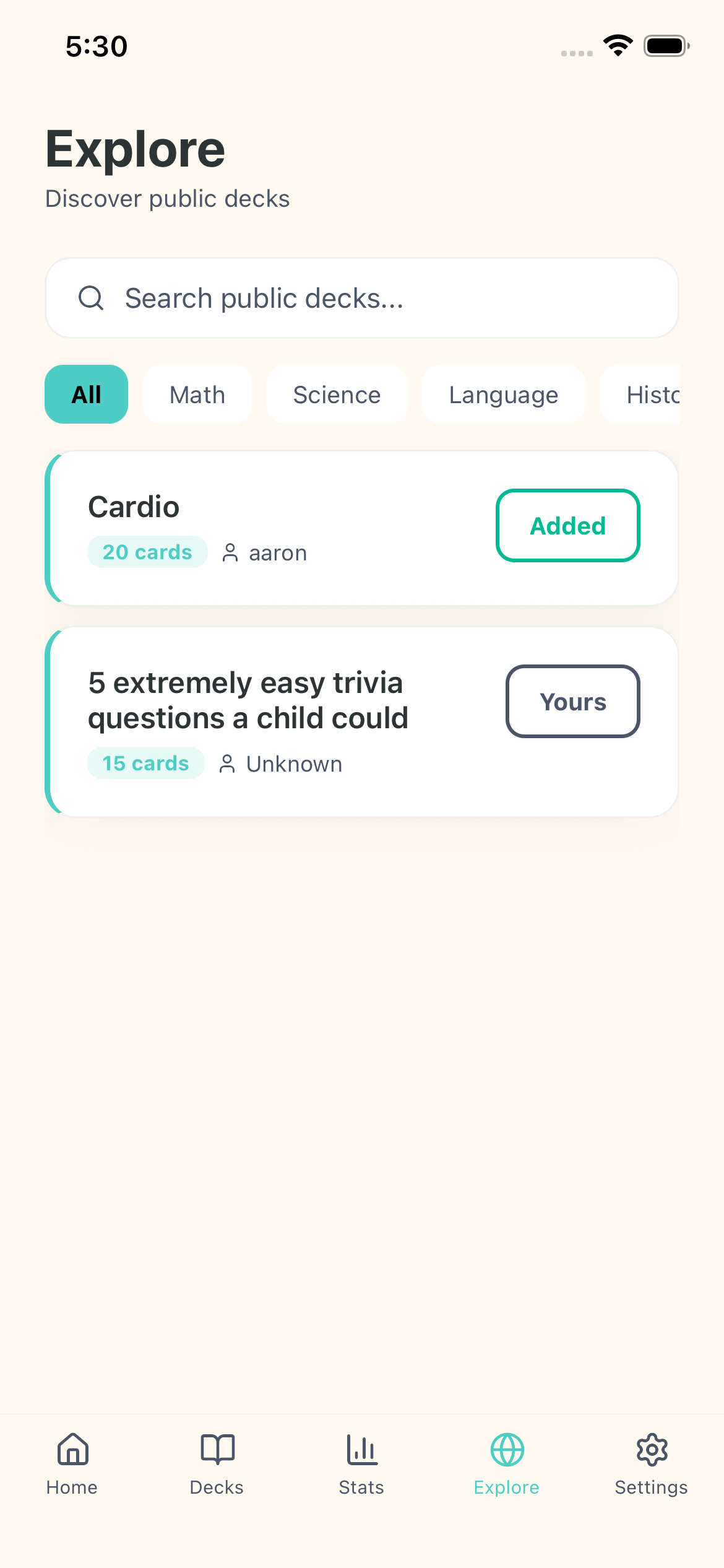 Explore and discover flashcard decks