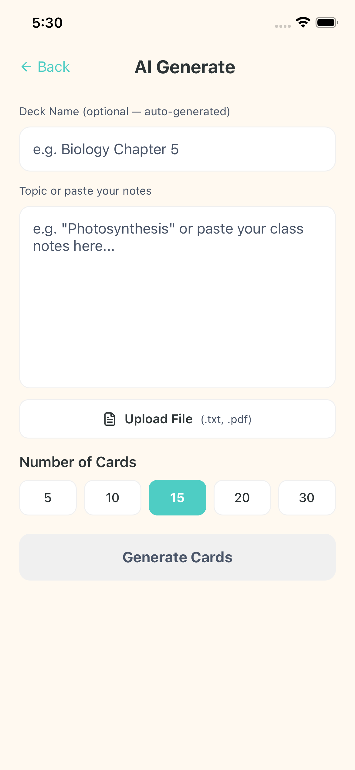 AI-powered deck generation screen