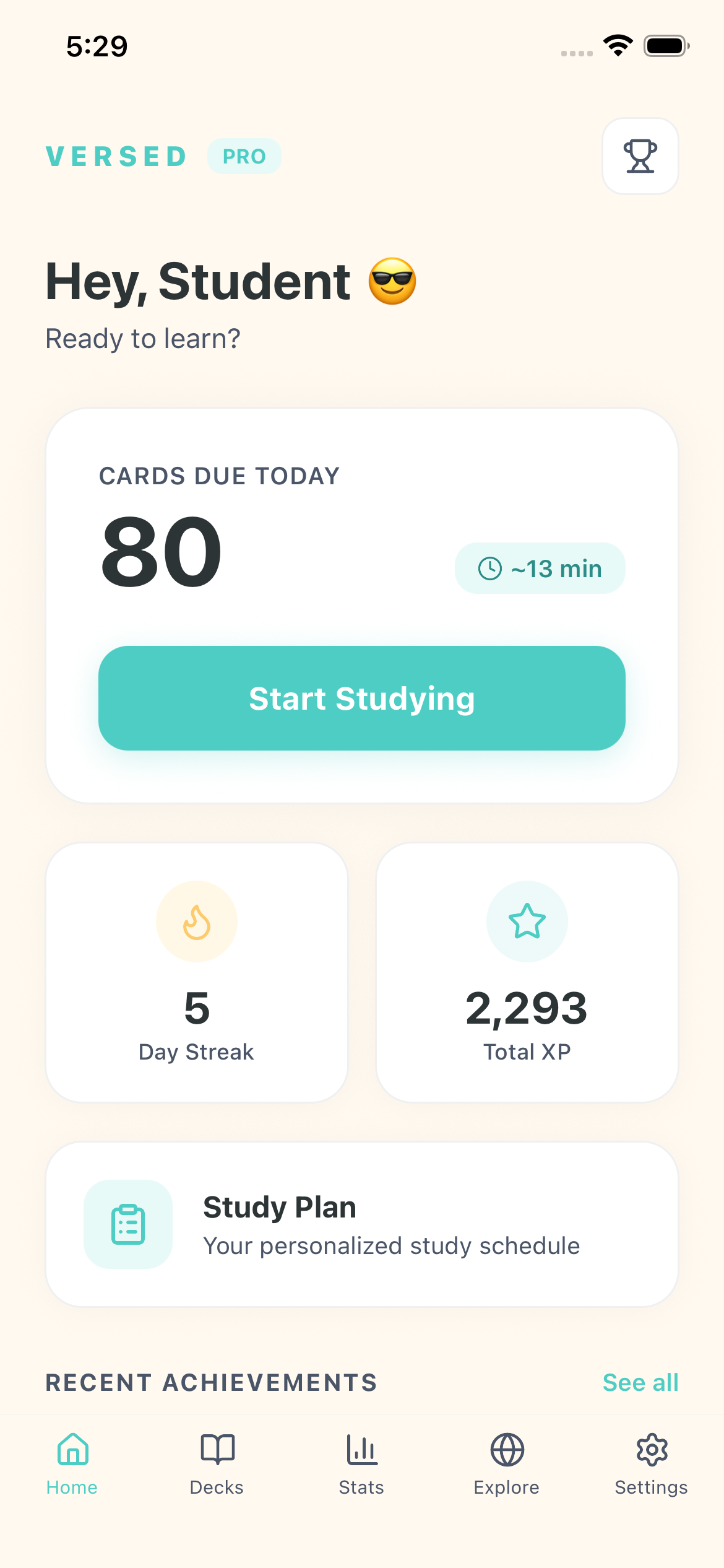 Versed Learn home screen showing flashcard decks and study progress