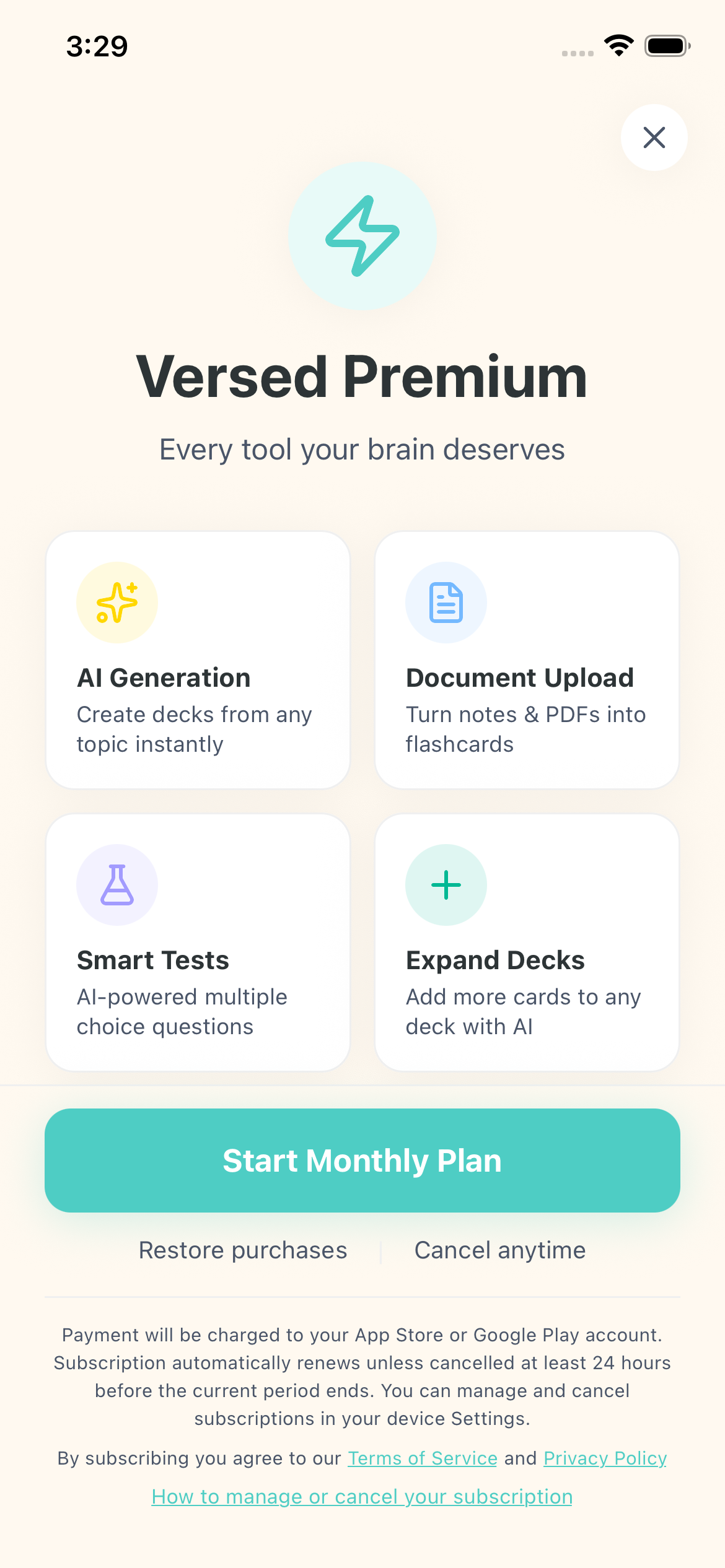 Premium subscription options screen